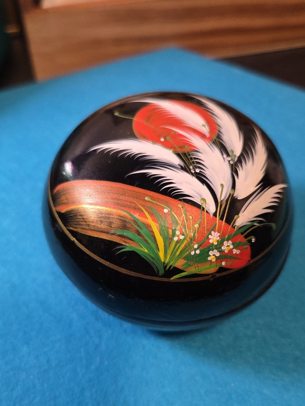 Hand-Painted Black Lacquer Trinket Box Filled With Earrings